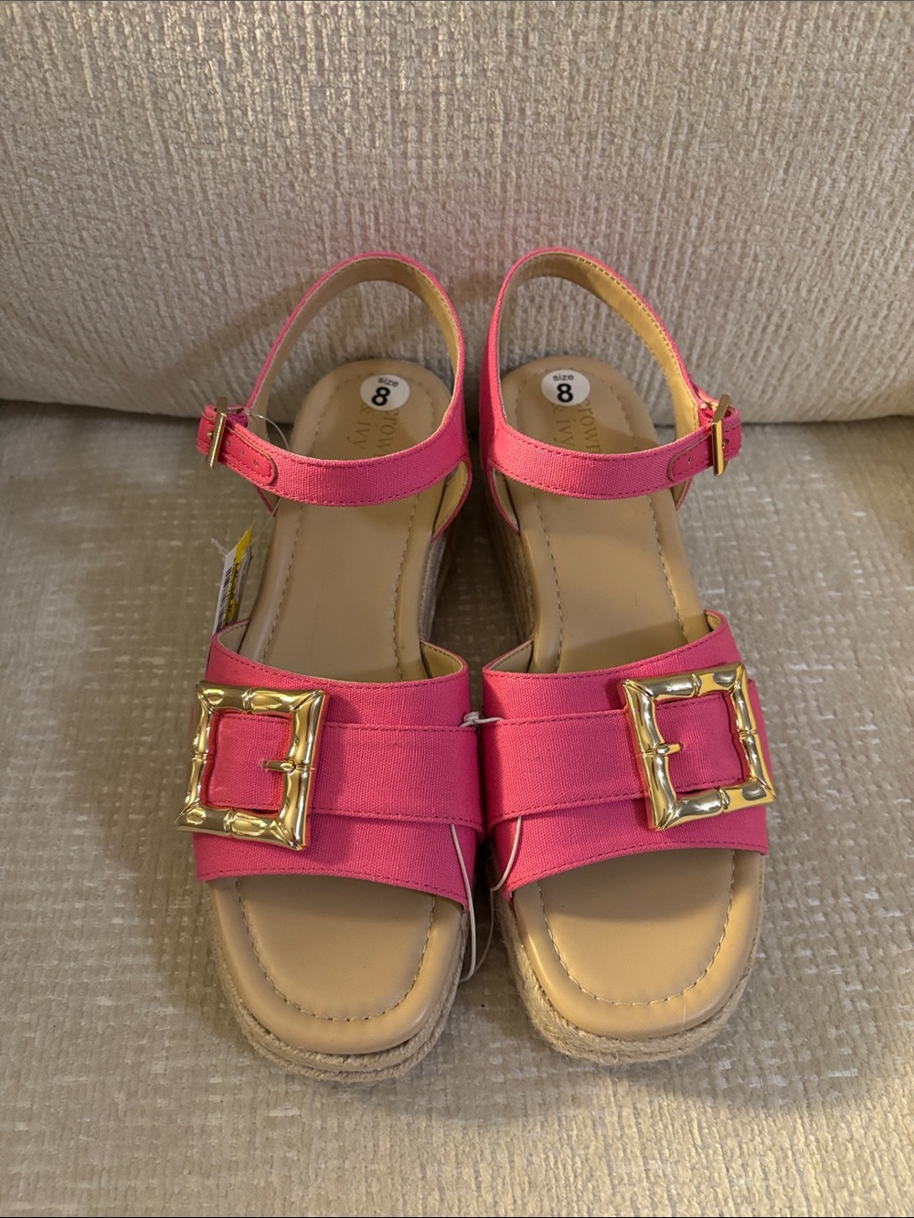 Crown & Ivy Hot Pink Espadrille Wedge Sandals with Gold Buckles